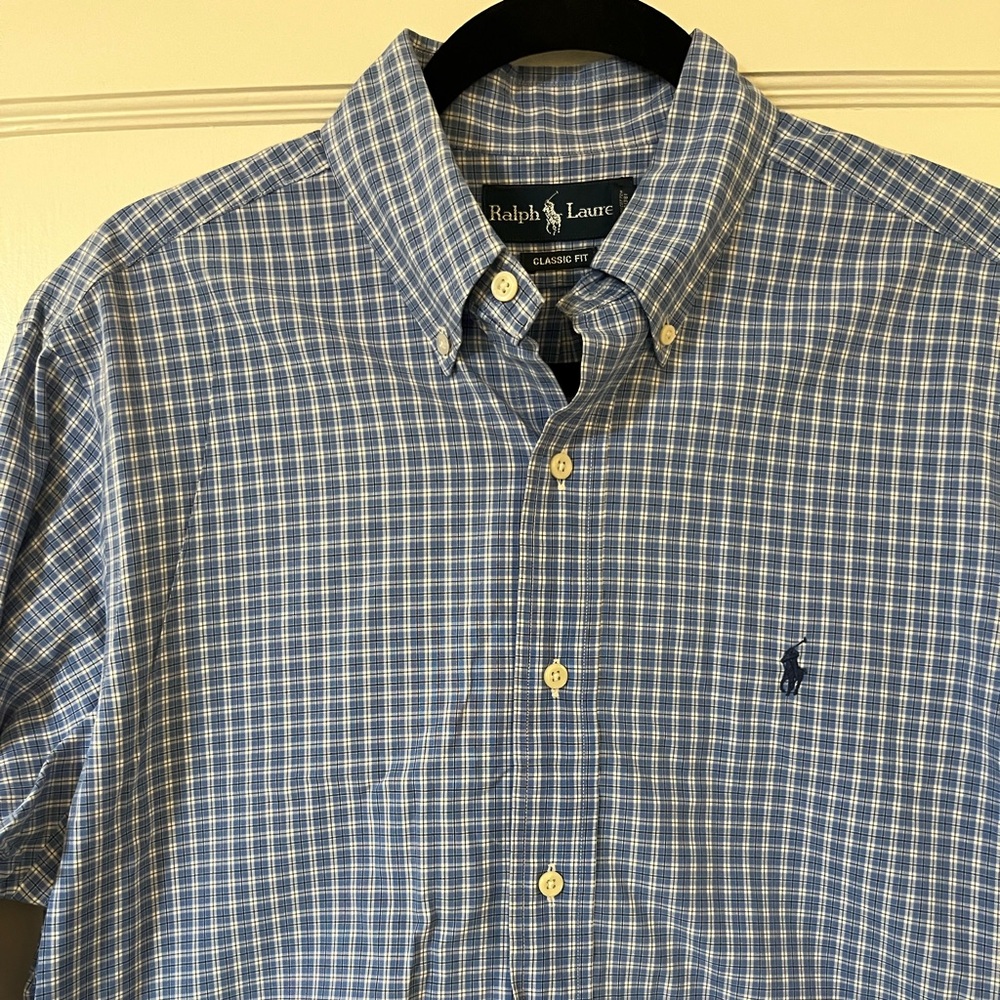 Polo Ralph Lauren Men's Blue Gingham Plaid Button Down Shirt, Large